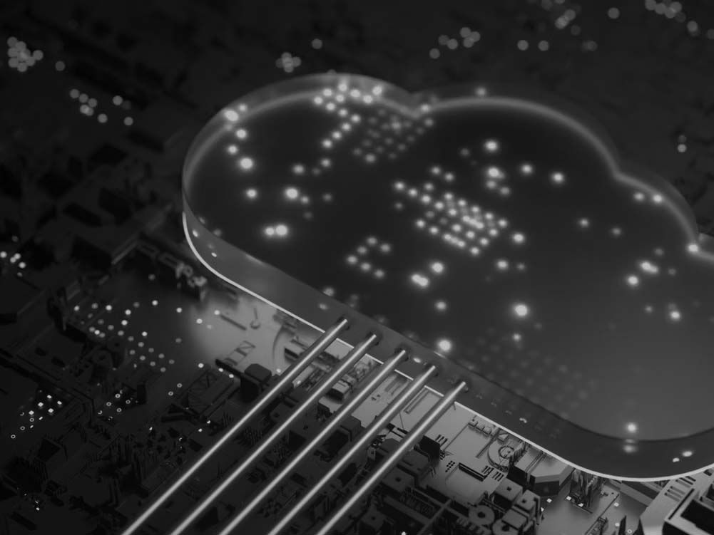 A glowing blue cloud-shaped icon hovers above a dark circuit board, with illuminated lines connecting the cloud to the board, symbolizing innovative cloud technologies and digital connectivity.