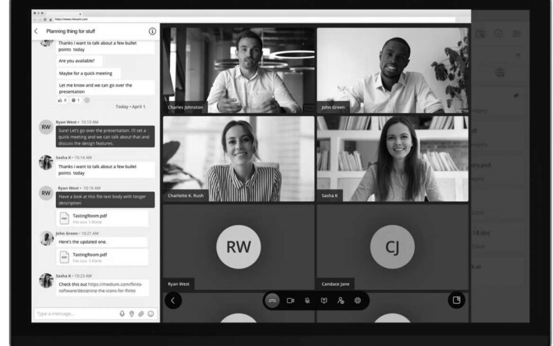 A laptop screen displays a virtual meeting with five visible participants and several others with initials only. A chat window is open on the left, showing messages and shared documents, highlighting the power of unified communications in healthcare teams.