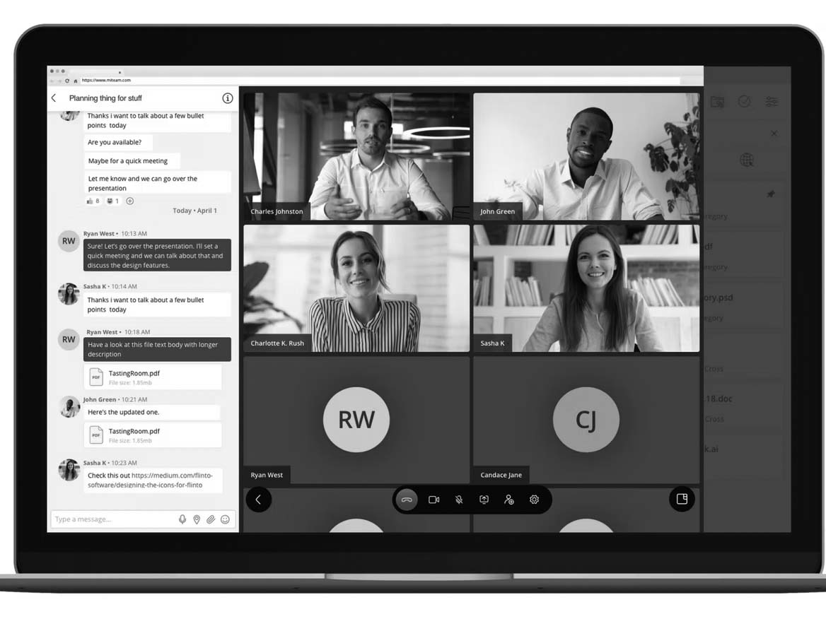 A laptop screen displays a virtual meeting with five visible participants and several others with initials only. A chat window is open on the left, showing messages and shared documents, highlighting the power of unified communications in healthcare teams.