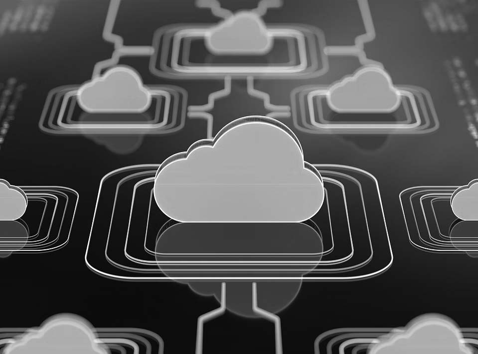 Illustration of multiple orange cloud icons connected by colorful lines over a dark background, symbolizing cloud computing and secure data backup or disaster recovery solutions.