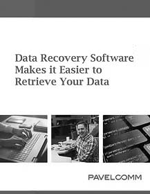 Cover page titled Data Recovery Software Makes it Easier to Retrieve Your Data, features photos of hands typing on a keyboard, a smiling man at a desk, and a close-up of a computer screen with data, highlighting Data Backup and Disaster Recovery solutions.