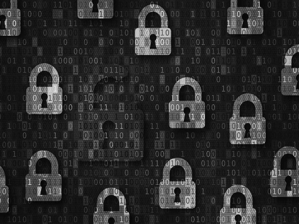A pattern of blue padlock icons on a digital background with binary code; one red, broken open padlock highlights data security risks, symbolizing a cybersecurity breach or vulnerability when working remote.