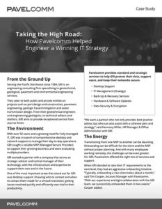 A business case study document titled Taking the High Road: How Pavelcomm Helped Engineer a Winning IT Strategy, detailing IT support and solutions for a company, with sections about the environment, strategy, and results.