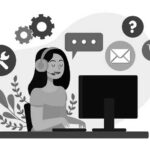 An illustrated woman sitting in front of a desktop computer with her eyes closed and thinking of all of the tools available to her, including email, shopping cart, cogs, etc.