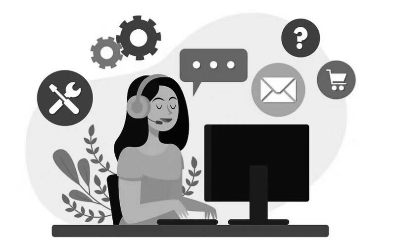 An illustrated woman sitting in front of a desktop computer with her eyes closed and thinking of all of the tools available to her, including email, shopping cart, cogs, etc.