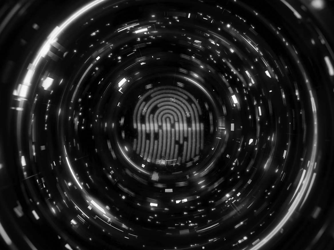 A glowing orange fingerprint is centered within a circular digital tunnel of blue and orange lights, suggesting advanced technology and Two-Factor Authentication to help protect companies in Portland through biometric identification.
