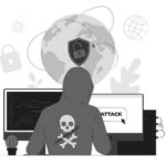 Illustration of a person in a red hoodie with a skull symbol, sitting at a computer. The screen displays “ATTACK.” A globe with a padlock and cybersecurity symbols highlights the threat of ransomware—protect your business today.