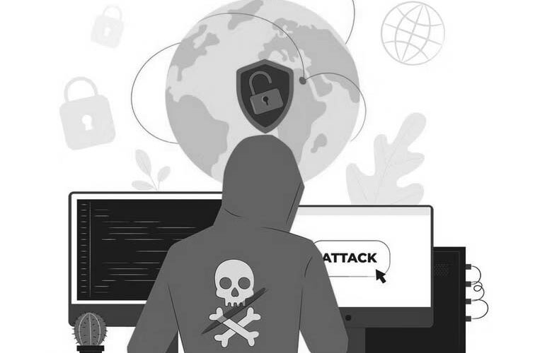 Illustration of a person in a red hoodie with a skull symbol, sitting at a computer. The screen displays “ATTACK.” A globe with a padlock and cybersecurity symbols highlights the threat of ransomware—protect your business today.