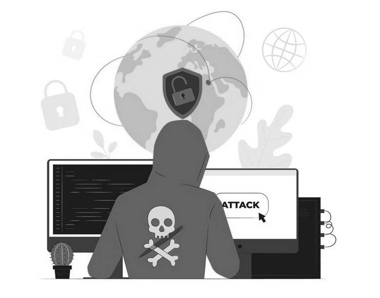 Illustration of a person in a red hoodie with a skull symbol, sitting at a computer. The screen displays “ATTACK.” A globe with a padlock and cybersecurity symbols highlights the threat of ransomware—protect your business today.