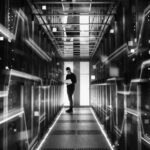 A person stands in a futuristic data center corridor surrounded by glowing blue server racks, using a laptop to create a disaster recovery plan. The scene is illuminated by multiple lights, reflecting a high-tech, digital environment.