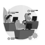 Illustration of three people wearing headsets and working at desktop computers in separate cubicles, representing a Portland IT Support team or customer service, with abstract gear icons in the corner.