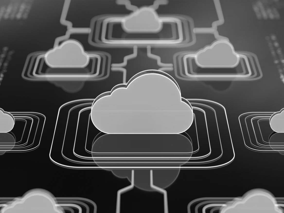 Illustration of multiple orange cloud icons interconnected by lines on a dark background, representing cloud computing or cloud network infrastructure—ideal for topics like cybersecurity or cybersecurity insurance.