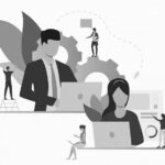Illustration of a man in a suit and a woman with headphones working on laptops in Portland, surrounded by giant gears and small figures, symbolizing the teamwork and productivity of IT Support or Managed Services.