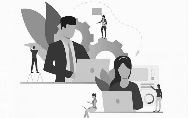 Illustration of a man in a suit and a woman with headphones working on laptops in Portland, surrounded by giant gears and small figures, symbolizing the teamwork and productivity of IT Support or Managed Services.
