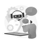 Illustration of a person holding a tablet in Portland, OR, interacting with a chatbot represented by a robot face with headphones. Speech bubbles and gears in the background highlight maximizing efficiency and virtualization support.