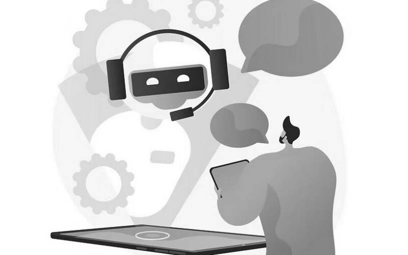 Illustration of a person holding a tablet in Portland, OR, interacting with a chatbot represented by a robot face with headphones. Speech bubbles and gears in the background highlight maximizing efficiency and virtualization support.