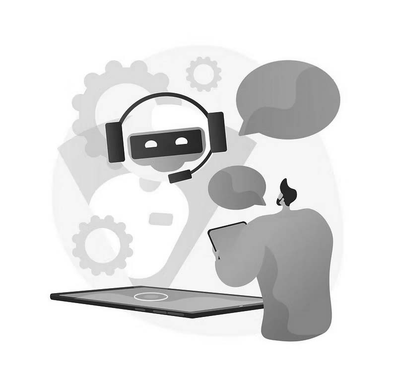 Illustration of a person holding a tablet in Portland, OR, interacting with a chatbot represented by a robot face with headphones. Speech bubbles and gears in the background highlight maximizing efficiency and virtualization support.
