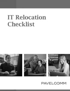 Cover page titled IT Relocation Checklist featuring three photos of people working on computers, highlighting Migration strategies, with the PAVELCOMM logo at the bottom.