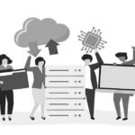 Illustration of four people with tech icons: one holding a folder, another pointing to a cloud with arrows, a third holding a microchip, and the fourth with a large monitor—depicting seamless IT transition by server racks.