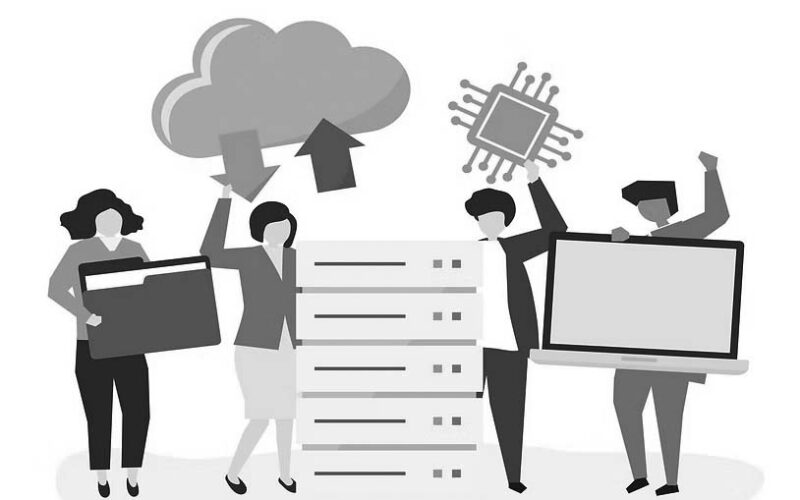 Illustration of four people with tech icons: one holding a folder, another pointing to a cloud with arrows, a third holding a microchip, and the fourth with a large monitor—depicting seamless IT transition by server racks.