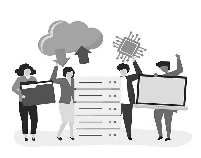 Illustration of four people with tech icons: one holding a folder, another pointing to a cloud with arrows, a third holding a microchip, and the fourth with a large monitor—depicting seamless IT transition by server racks.