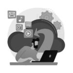 Illustration of a person using a laptop with a large cloud and gears in the background. Icons for email, music, photos, messages, and video float above, representing Portland IT services like cloud computing or Microsoft 365 support.
