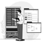 Illustration of a person managing IT infrastructure with a tablet, next to screens displaying a server list (Server 1–4) and a network diagram. The color scheme is mainly green, black, and white. Ideal for showcasing modern server solutions.