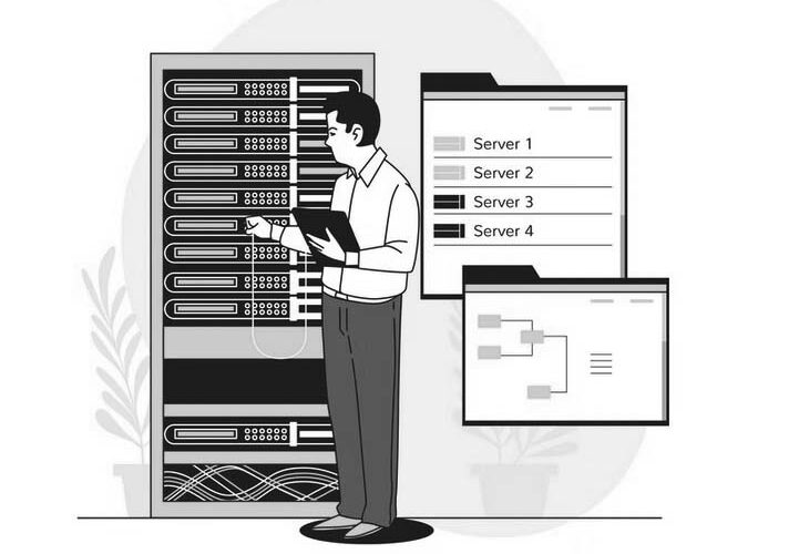 Illustration of a person managing IT infrastructure with a tablet, next to screens displaying a server list (Server 1–4) and a network diagram. The color scheme is mainly green, black, and white. Ideal for showcasing modern server solutions.