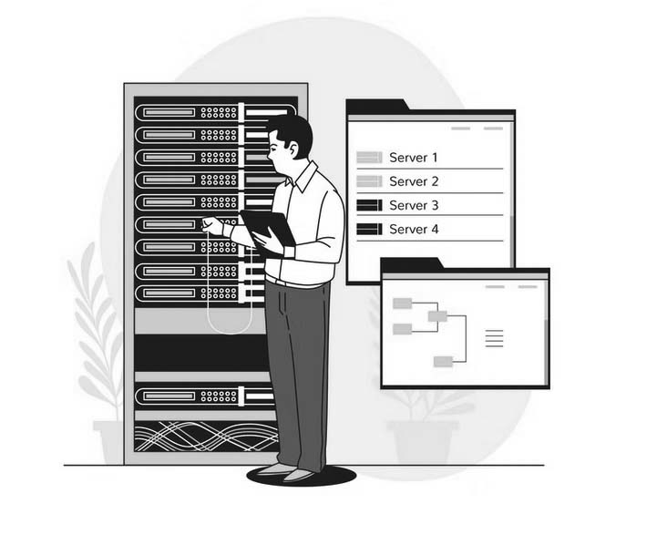 Illustration of a person managing IT infrastructure with a tablet, next to screens displaying a server list (Server 1–4) and a network diagram. The color scheme is mainly green, black, and white. Ideal for showcasing modern server solutions.