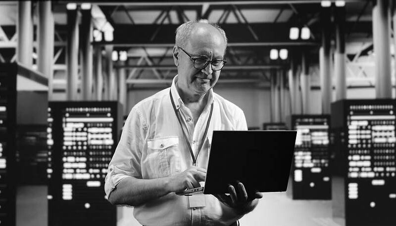 A man wearing glasses and a white shirt stands in a server room, using a laptop. As he monitors the illuminated servers, he provides expert virtualization services, streamlining operations for enhanced efficiency.