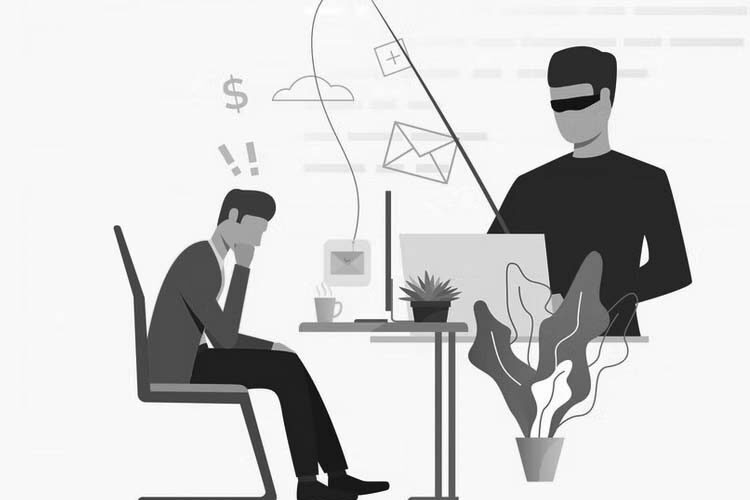 Illustration of a worried man in Portland sitting at a desk as a masked figure uses a fishing rod to steal email and financial information from his laptop, representing the dangers of cyber attacks and the need for effective phishing solutions.