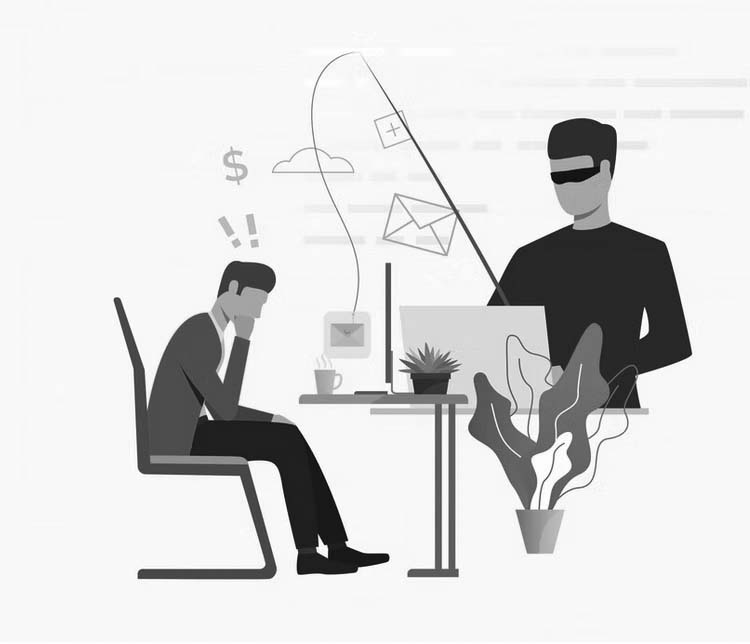 Illustration of a worried man in Portland sitting at a desk as a masked figure uses a fishing rod to steal email and financial information from his laptop, representing the dangers of cyber attacks and the need for effective phishing solutions.