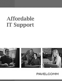 A flyer titled Affordable IT Support with three images of people working on computers and interacting in an office, highlighting Healthcare IT Support. The company name PAVELCOMM is at the bottom right.