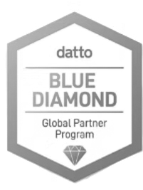 Hexagonal badge with blue outline featuring the text datto BLUE DIAMOND Global Partner Program and a blue diamond icon at the bottom, representing Datto’s Blue Diamond partner level.