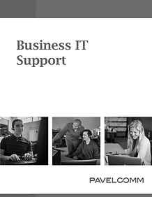 Business IT Support text above three photos of people using computers: one person typing, two people discussing at a desk, and one person smiling at a laptop. PAVELCOMM logo at the bottom right.