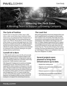 A business case study document titled Entering the Tech Zone features a cyclist riding on a road. The layout includes sections with headlines and text about company growth, IT infrastructure, and migration projects.