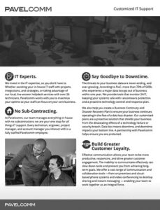 A business flyer with red and white sections describes IT support services. It highlights IT experts, no sub-contracting, reduced downtime, and improved customer loyalty. Background shows people working at computers.