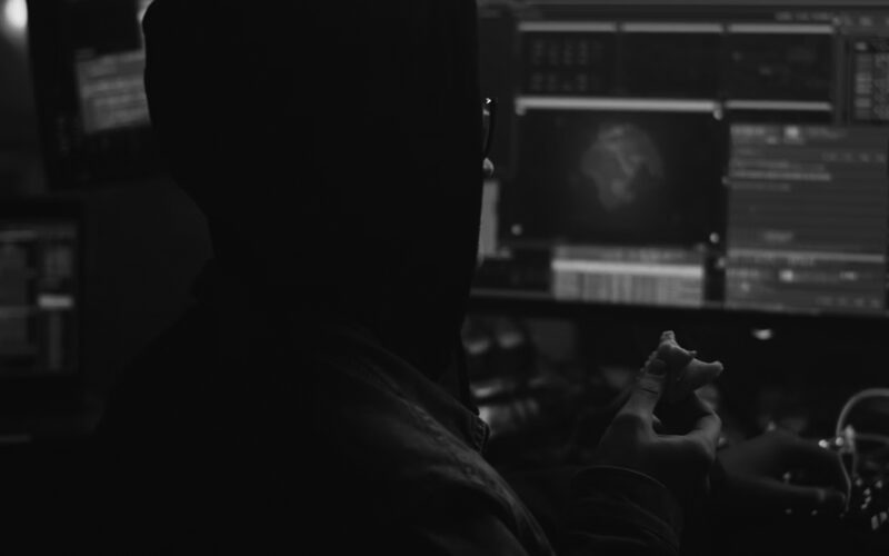 A person in a hoodie sits in front of multiple computer screens displaying code and a digital map with a target alert, holding a partially eaten sandwich in one hand. The room is dimly lit, giving a secretive atmosphere.