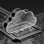 A glowing cloud icon sits on top of a computer microchip, with colorful circuits radiating outward, symbolizing cloud computing, digital data processing, and the importance of a robust disaster recovery plan for business continuity.