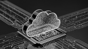 A glowing cloud icon sits on top of a computer microchip, with colorful circuits radiating outward, symbolizing cloud computing, digital data processing, and the importance of a robust disaster recovery plan for business continuity.
