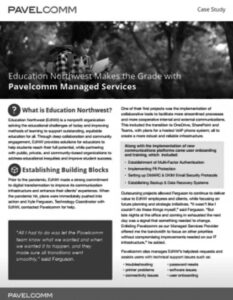 A case study document titled Education Northwest Makes the Grade with Pavelcomm Managed Services, featuring sections about education IT services, benefits, building blocks, and client testimonials on a maroon and white background.