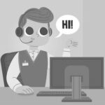 Cartoon of an IT Support representative wearing a headset, sitting at a desk with a computer, waving and saying Hi! against a yellow background—perfect for an Emergency Help Desk in Portland OR.