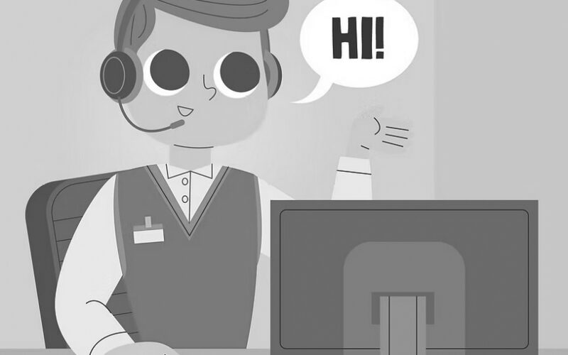 Cartoon of an IT Support representative wearing a headset, sitting at a desk with a computer, waving and saying Hi! against a yellow background—perfect for an Emergency Help Desk in Portland OR.