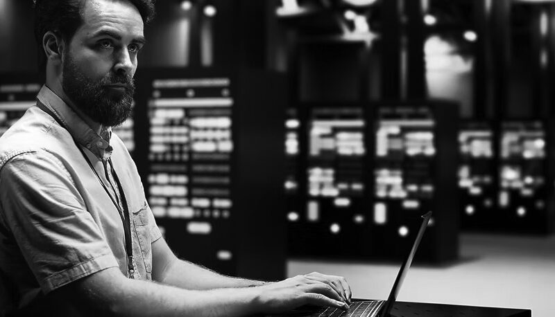 A man with a beard, wearing a light shirt and lanyard, works on a laptop in a server room filled with illuminated servers—demonstrating how Server solutions Portland can enhance productivity.