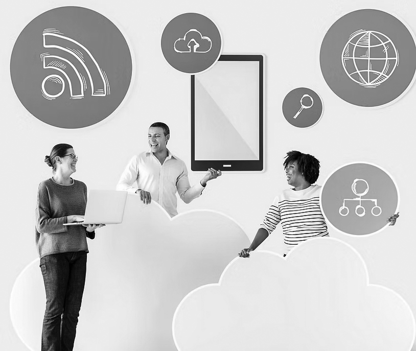 Three people stand among large cloud cutouts, smiling and holding technology-related icons like a tablet and network symbols, representing cloud computing, Unified Communication Services, and digital business connectivity. Blue circular icons float around them.