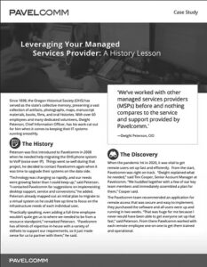 A case study document titled Leveraging Your Managed Services Provider: A History Lesson features text, a quote, and sections labeled The History and The Discovery on a white and maroon background.