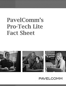 Cover of a document titled PavelComm’s Pro-Tech Lite Fact Sheet, featuring three images of people working at computers, highlighting SMB IT Services, with the PavelComm logo at the bottom.