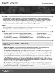 A corporate résumé for PAVELCOMM details its summary, goals, skills, and experience. The company offers IT support services, highlighting strengths like technical expertise, strategy, employee training, and industry experience.