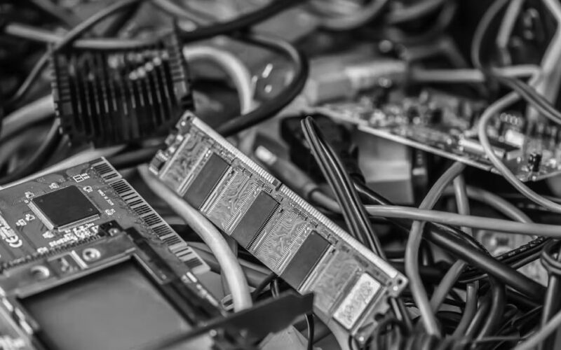A close-up of assorted computer components, including circuit boards, a RAM stick, and tangled cables. The cluttered arrangement highlights reasons to upgrade when faced with failing technology or planning a technology upgrade.