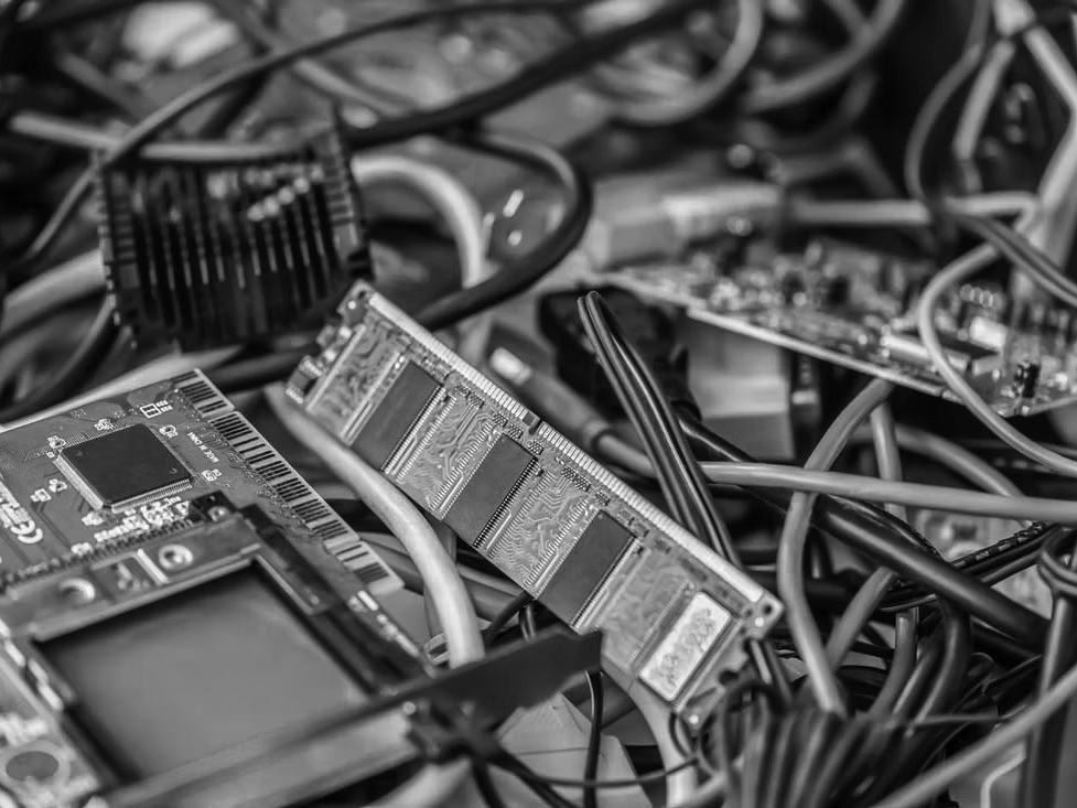 A close-up of assorted computer components, including circuit boards, a RAM stick, and tangled cables. The cluttered arrangement highlights reasons to upgrade when faced with failing technology or planning a technology upgrade.